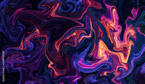 A dark, high-contrast fluid abstract featuring energetic swirls of electric blue, magenta, and fiery orange.