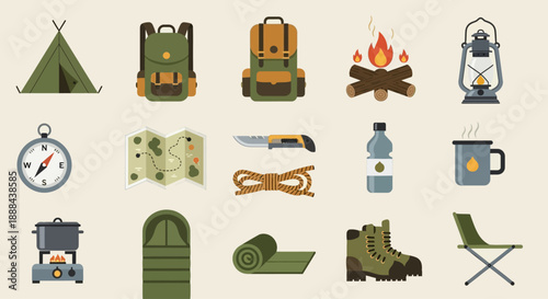 Camping Essentials Collection Featuring Tent, Backpack, Fire, and Outdoor Gear Icons in a Flat Design Style