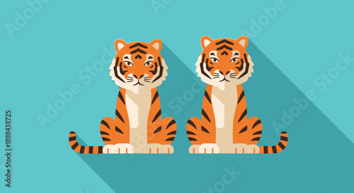Two stylized tigers sitting side by side with long shadows.