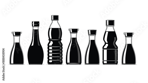 Collection of various soy sauce bottles in silhouette.
