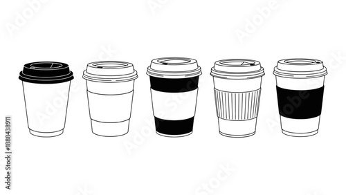 A collection of five disposable coffee cups with different lid and sleeve designs, presented in a line against a white background.