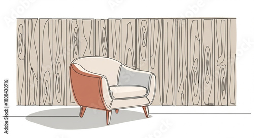 Vintage armchair in front of a rustic wooden wall illustration.