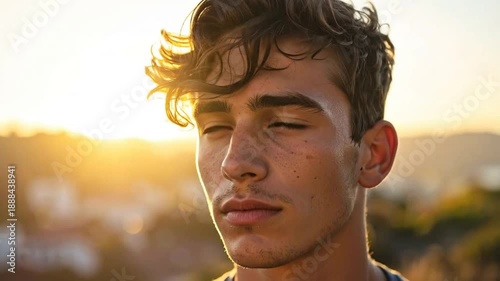 Portrait of a young man looking up towards the bright sunlight outdoors.