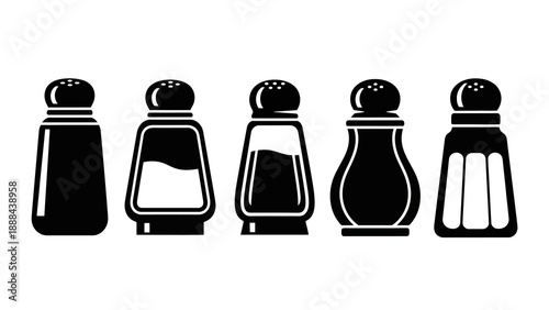Collection of various salt and pepper shakers in black silhouette.
