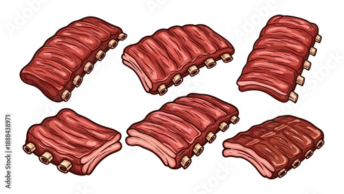 Six Delicious Barbecue Ribs Isolated on White Background.