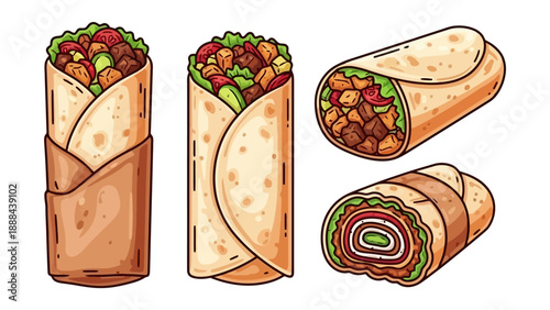 Delicious Hand Drawn Burritos and Wraps Collection.