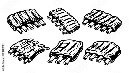 Collection of six hand-drawn illustrations of various styles of pork ribs, perfect for barbecue and grill themes.