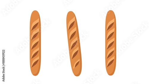 Three golden brown baguettes arranged vertically on a white background.