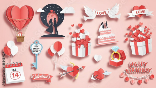 A collection of romantic paper cut elements including a heart hot air balloon, couple silhouette, wedding cake, engagement ring, and calendar marked February 14th on a pink background.