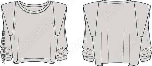 Technical fashion sketch of long-sleeve asymmetrical top with dropped shoulders, curved hemline, front and back view for garment design and illustration