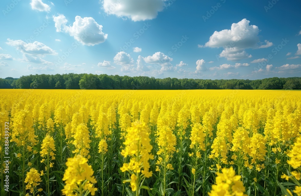 Obraz premium Vast yellow rapeseed field under bright blue sky with fluffy clouds. Green trees form a distant line separating farm land from sky. Sunlight warms blooming flora.