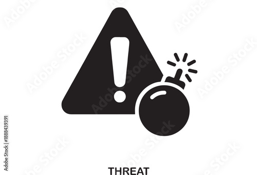 Black flat design icons of a lit bomb next to a warning triangle with an exclamation mark, symbolizing danger or threat
