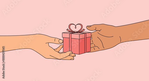 Two hands exchanging a pink gift box with a heart-shaped ribbon on a light pink background, symbolizing giving and receiving.