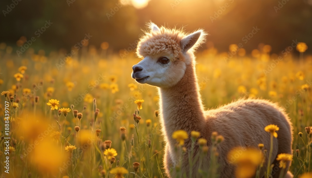 Fototapeta premium Fluffy alpaca stands in a sunlit meadow filled with yellow flowers. Warm golden hour light illuminates the gentle creature grazing in nature.