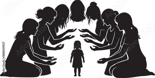 Supportive community around a young girl in silhouette form