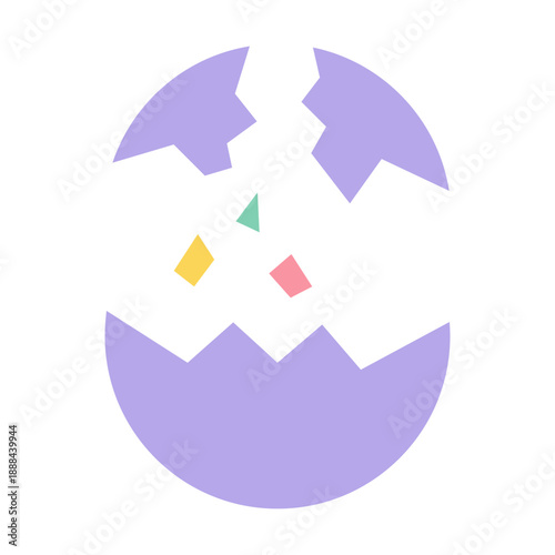 Purple broken eggshell with colorful pieces.