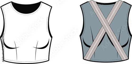 Fashion of a white cropped sleeveless with a grey-blue back showcasing a detailed criss-cross strap