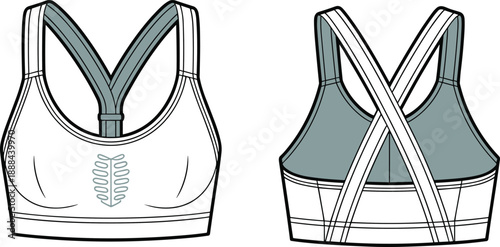 Flat fashion of a white sports bra with grey adjustable straps and leaf detail front and back views for athletic apparel