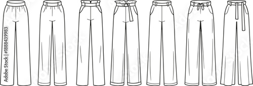 Flat fashion of various women's wide-leg palazzo pants front views showcasing different waistline styles and closures for apparel