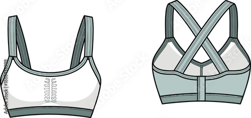 Front and back view of a white and grey sports bra with crisscross straps and ribbed detailing activewear