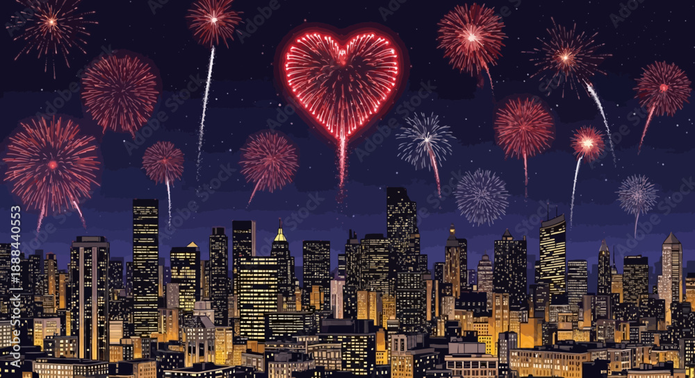 Obraz premium A vibrant night scene of a city skyline illuminated by a spectacular display of fireworks, including a large red heart-shaped firework.