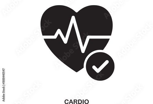 Black filled heart icon with electrocardiogram wave inside and checkmark in circle, representing cardio health or fitness approval