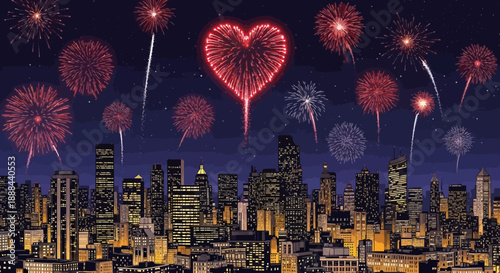 A vibrant night scene of a city skyline illuminated by a spectacular display of fireworks, including a large red heart-shaped firework.