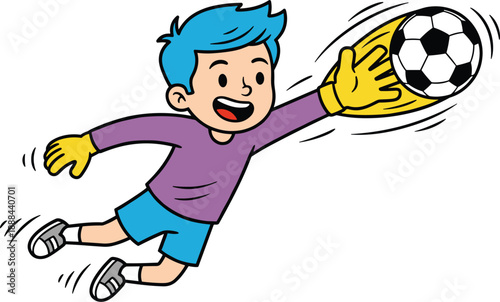 Cartoon boy goalkeeper diving to catch soccer ball in dynamic sports illustration isolated on white background vector design