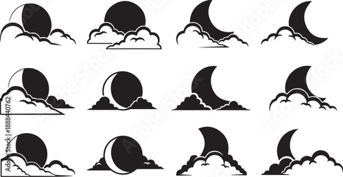 Moon Phases Silhouette Icons Set with Clouds and Mountains