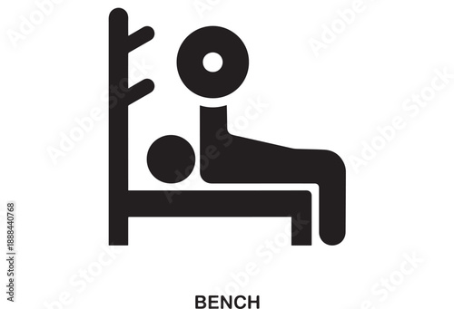 Flat black icon of a person lying on a bench press machine lifting a barbell, representing weightlifting and fitness