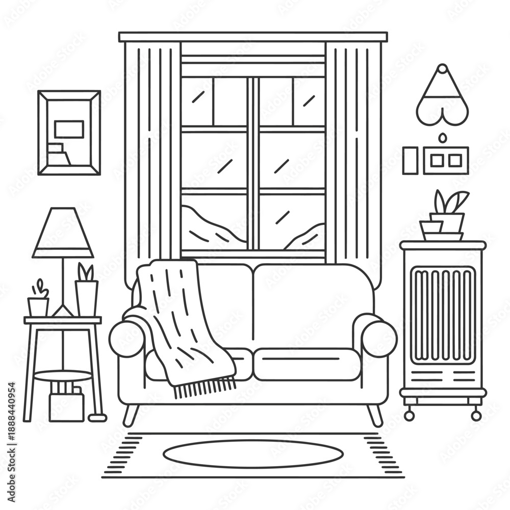 Fototapeta premium A cozy living room interior illustration depicting a comfortable sofa with a blanket, a window overlooking a winter landscape, and a heater, highlighting warmth and comfort