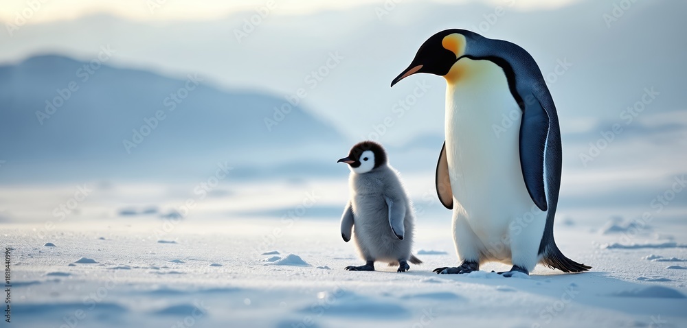 Obraz premium Adult emperor penguin walks with small chick across snowy antarctic landscape. Parent bird and baby animal move together on ice under pale sky. Cute wildlife scene.