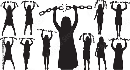Silhouettes of women breaking free from chains and oppression