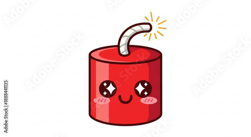 Cute cartoon dynamite with smiling face and lit fuse on white background symbolizing fun and excitement
