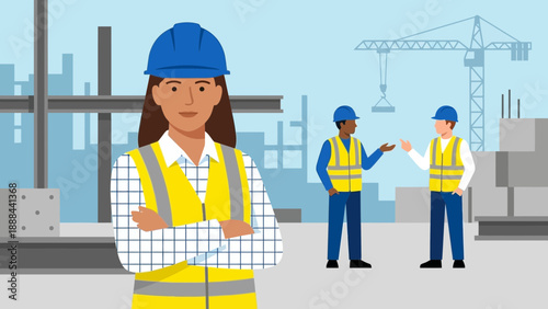 Construction site female engineer with two male workers in background