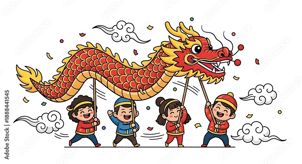 Obraz premium A colorful illustration of children carrying a dragon during a festive celebration with confetti