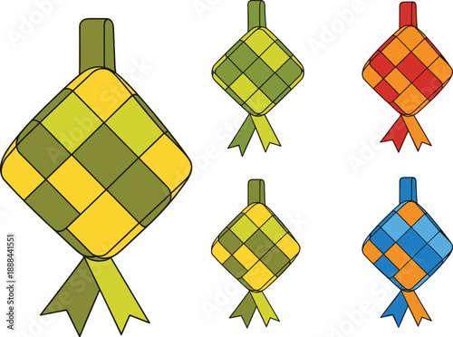 Colorful collection of traditional Malay Ketupat icons featuring woven palm leaf rice dumplings in various colors for Hari Raya Aidilfitri and Ramadan festival decorations