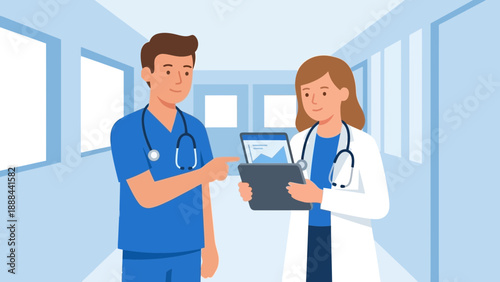 Medical Professionals Using Digital Tablet in Hospital Corridor