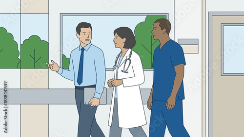 Medical Team in Hospital Corridor Discussing Patient Care