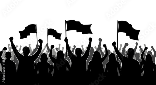 Silhouette of a Cheering Crowd with Black Flags and Raised Fists
