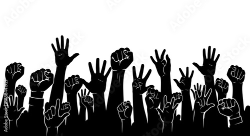 Diverse Group of Raised Hands Silhouette Symbolizing Unity, Support, and Celebration
