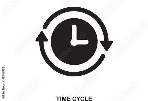 Black clock icon with circular arrows indicating time cycle, loop, or repetition on a white background