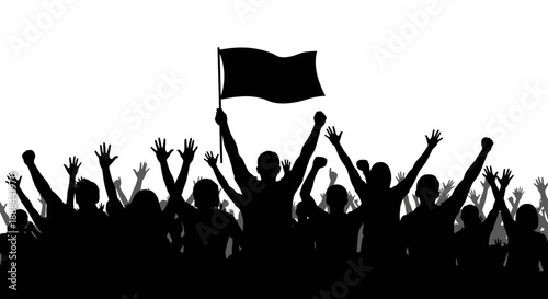 Silhouette of a Cheerful Crowd Celebrating with a Black Flag Raised High