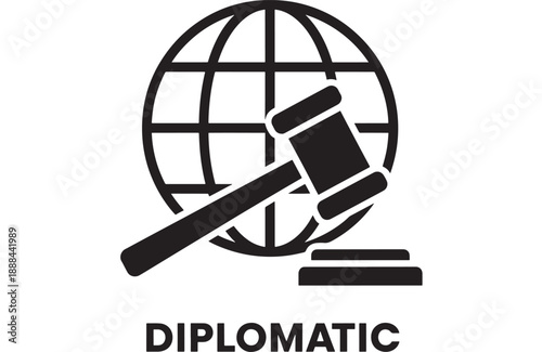 Global justice symbol with a gavel striking a block overlaid on a stylized globe, representing international law and diplomacy.
