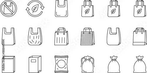Eco friendly packaging and reusable shopping bags icons set featuring sustainable plastic alternatives line vector symbols