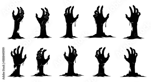 Set of Spooky Halloween Zombie Hands Emerging from Dark Ground - Vector Silhouette