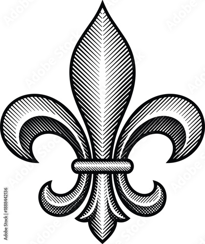 Classic fleur-de-lis symbol illustration with vintage engraved style hatching isolated on a white background.