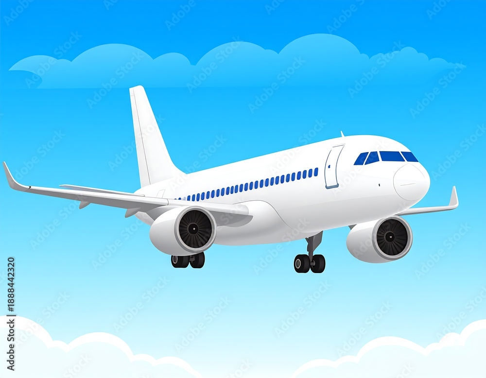 Obraz premium A white airplane flies through a blue sky with clouds (1)
