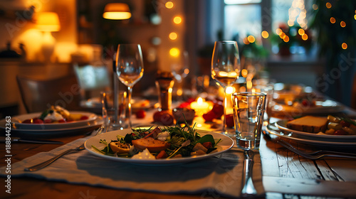 cozy family gathering with beautifully set dining table, featuring delicious food and warm lighting
