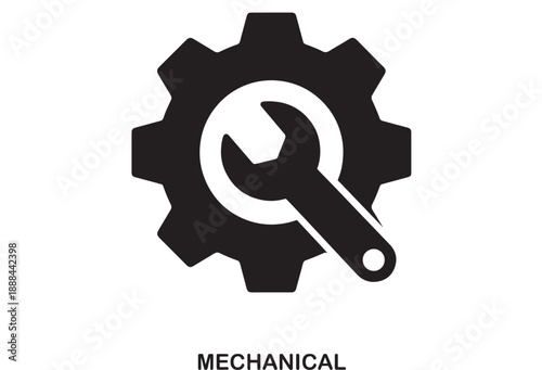 Black flat design icon of a gear with a wrench inside a circle, symbolizing mechanical engineering and repair services